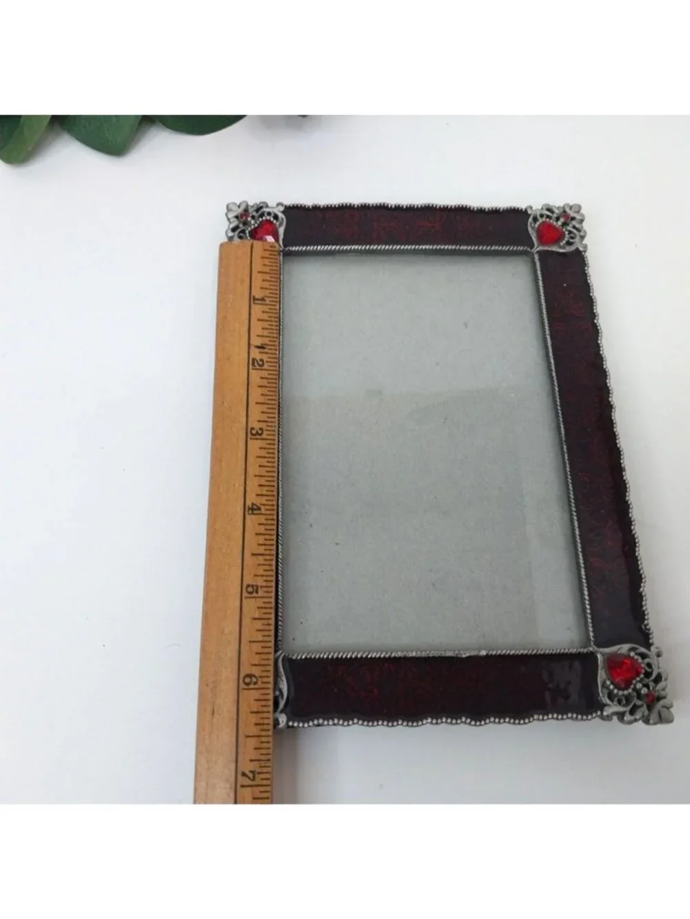 Vintage Enamel Picture Frame Red Silver Ornate Heart Filigree Gem Accents 5x3